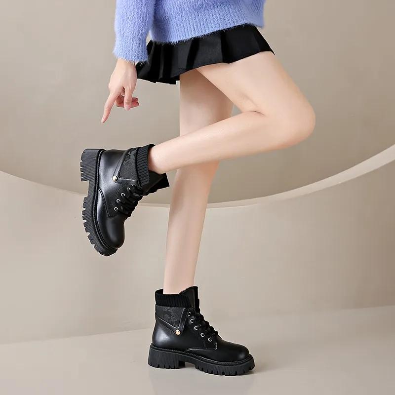 Lady Boots Rock Shoes  Lace Up Boots Round Toe Winter Footwear Lolita Autumn  Large Size Ankle Med Rubber Square
