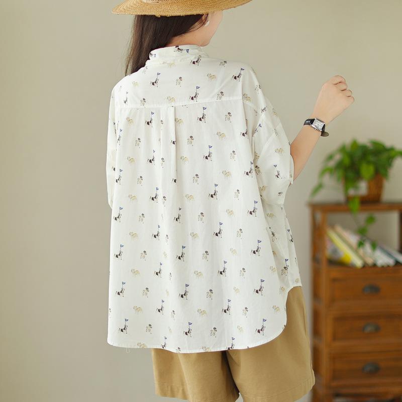 Japanese fashion puppy print short-sleeved shirt women's summer new loose and versatile niche design top