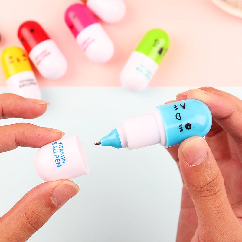6 Pcs Novelty Ballpoint Pen Blue Color Vitamin Capsule Ballpen Stationery School Supplies A6205