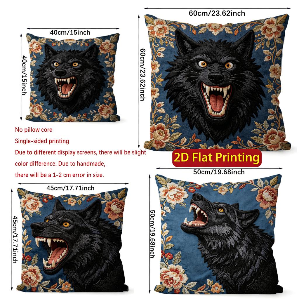 Vintage Floral Roaring Black Wolf Throw Pillow Covers Pattern Cushion Cover Suitable for Sofa Bedroom Car Pillow Cover