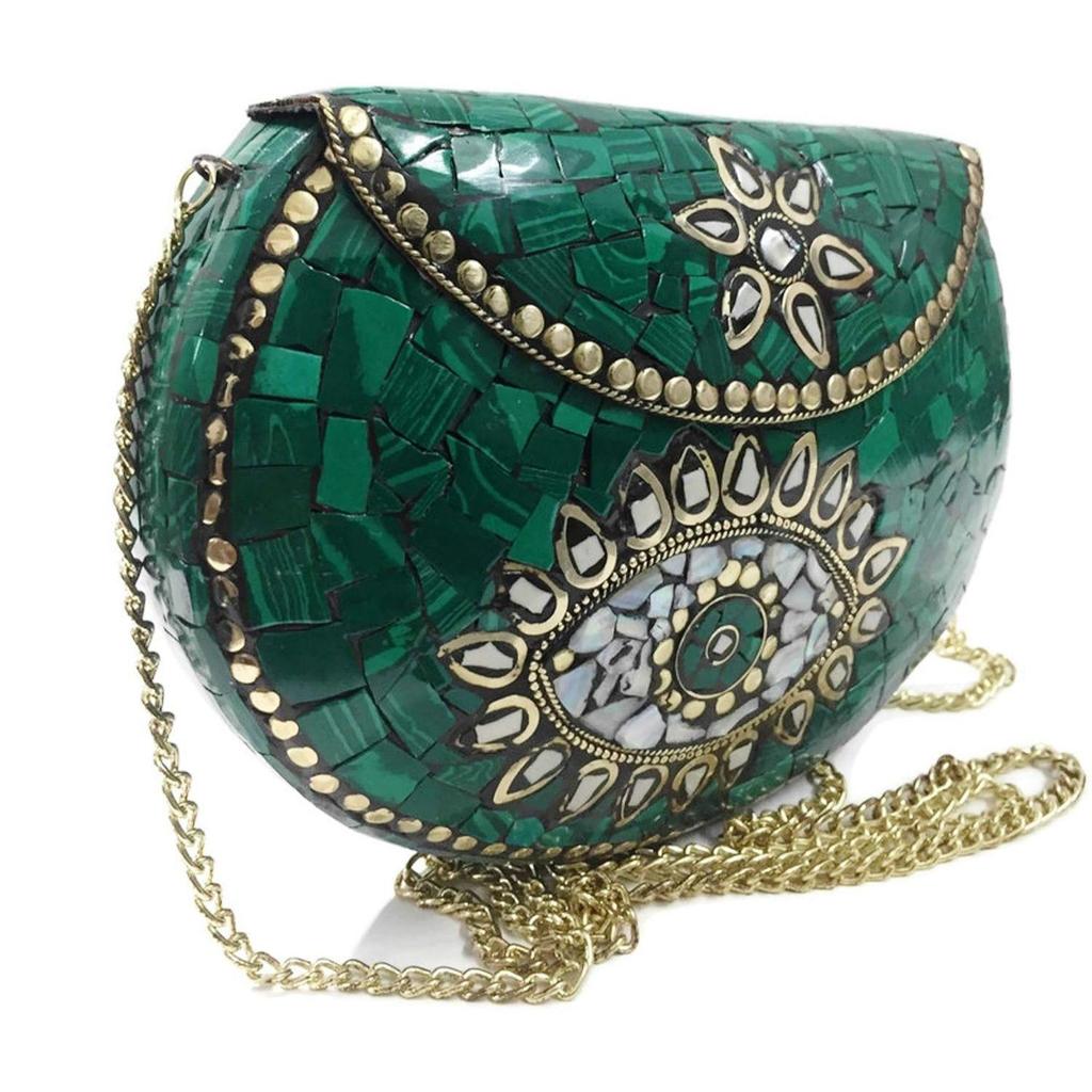 Turquoise Stone Mosaic Metal Bag Antique Ethnic Bridal Clutch Indian Purse Party Clutch Women Bag