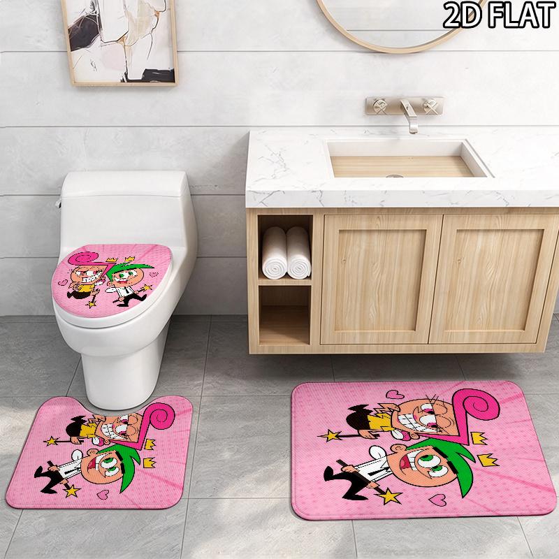 3pcs The Fairly OddParents Pattern Flannel Nonslip Absorbent Washable Decorative Bathroom Home Toilet Seat Cover Mat