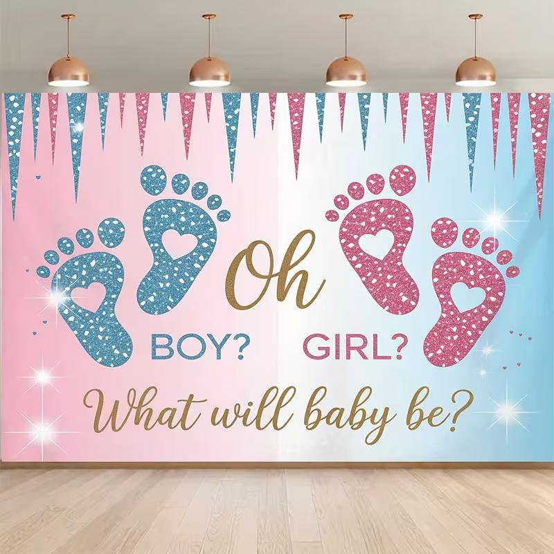 

2D Sparkle Gender Reveal Backdrop Baby Footprints What Will Baby Be Studio Photography Background 47.2x31.5inch/120*80cm