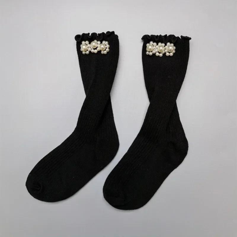 1 Pair Calf Sock for Baby Girls Cute Japanese Pearl Children Girls Over Calf Sock Spring  Autumn Ruffle Princess Lolita Sock