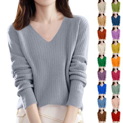 Women's Loose-Fit Knitted Base Layer Sweater V-Neck Pullover Long Sleeves Solid Colour