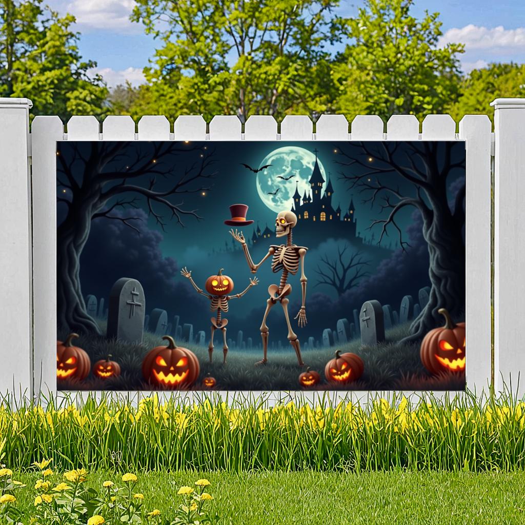 Scary Backdrop Skeleton Theme Spooky Decoration Halloween Night Banner Full Moon Halloween Banner For Scary Celebration Spooky