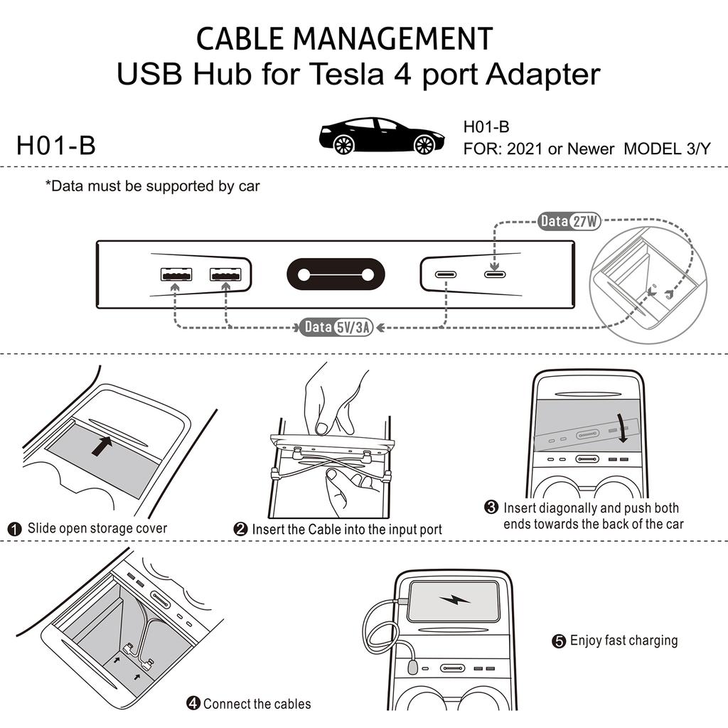 Car USB Hub for Tesla Model Y Model 3 2021 2022 2023 Docking Station Center Console Extension Accessories 27W USB Fast Charging