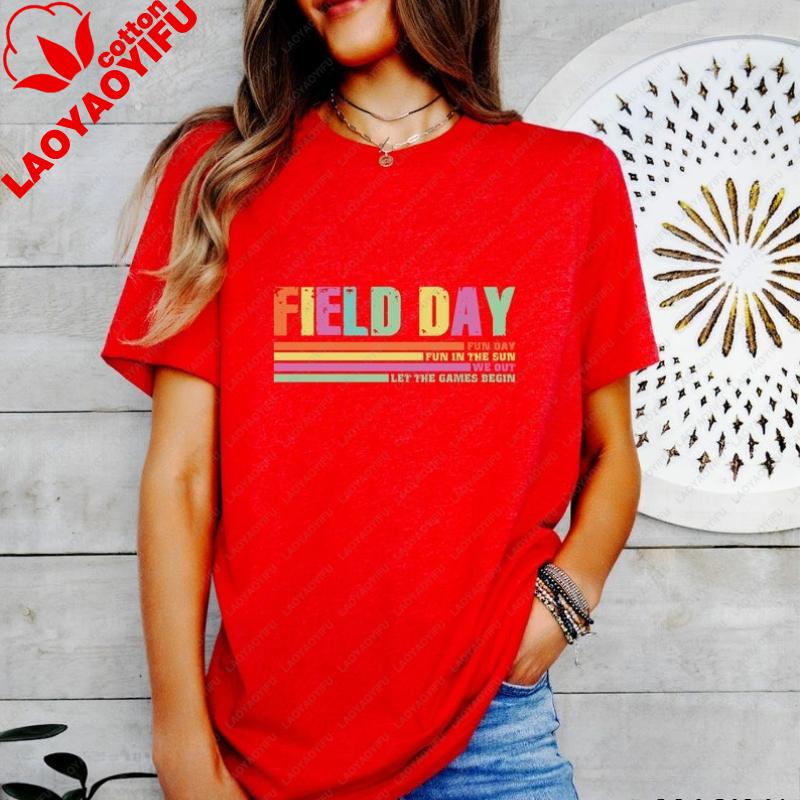 Retro Colorful Field Day 2026 Let The Games Begin for Field Day Funny Teacher Shirt Last Day of School Harajuku Graphic T Shirts S
