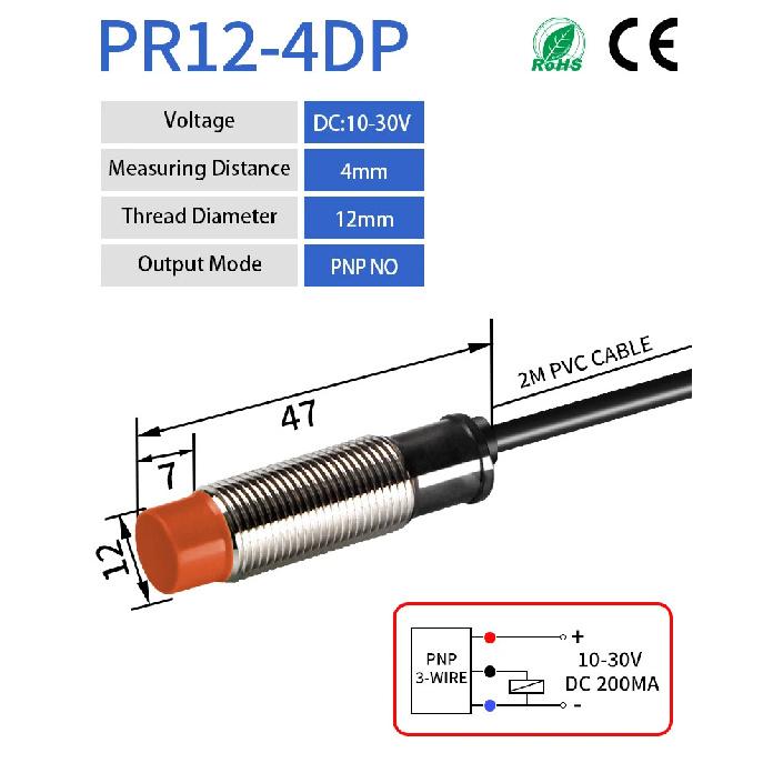 GTRIC PR12 Inductive Proximity Sensor PR12-4DN PR12-4DP M12 Short Type Proximity Switch 4MM Non-Flush 10-30V DC NPN PNP 2M Cable