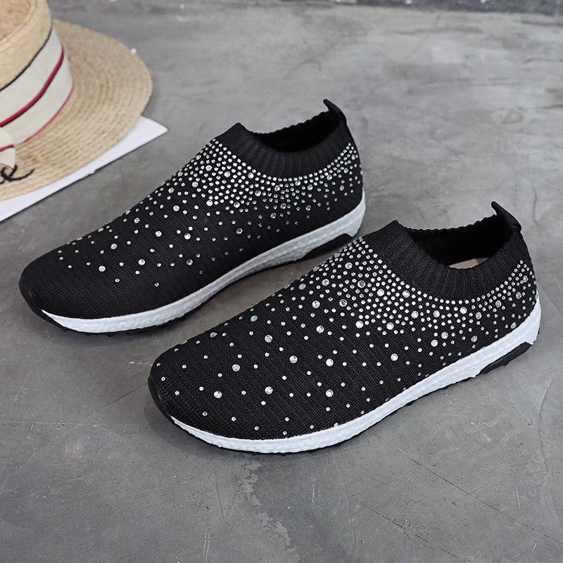 Amazon Large Size Fly-Woven Light Mouth Versatile Rhinestone Flat Bottom Women'S Sports Shoes Mixed Batch