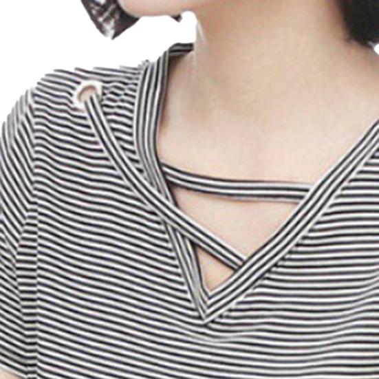 Women T-shirt V Neck Hollow Out Summer Short Sleeve Loose Blouse for