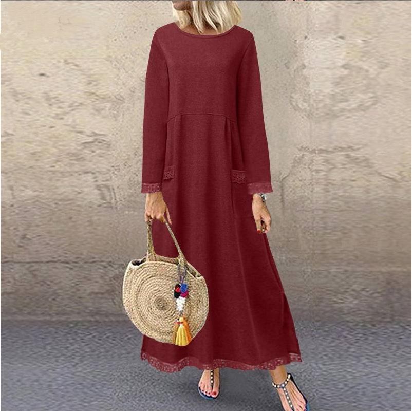Women's Autumn and Winter Lace Fleece-lined Dress, Simple Plus Size Casual Long Dress