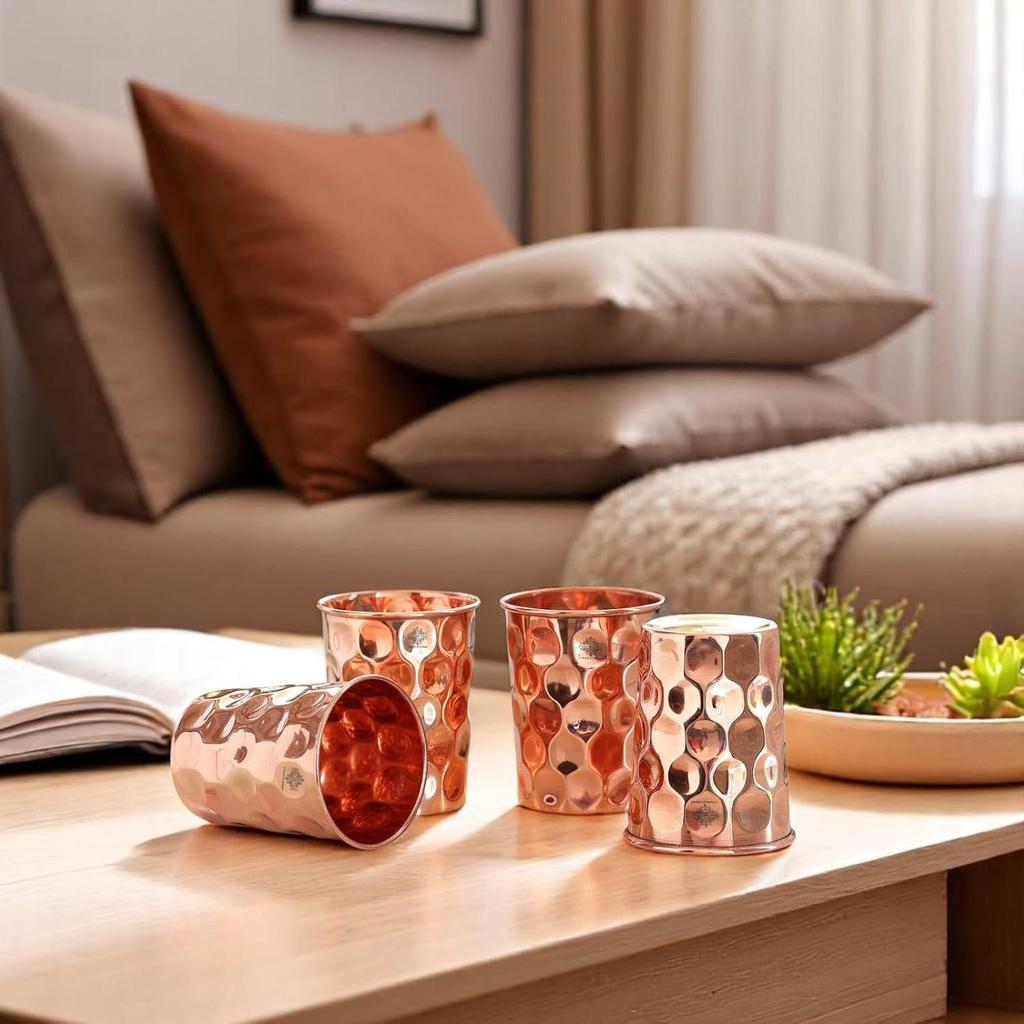 Pure Copper Plain Glass with Diamond Hammered Design, Drinking Serving Water, Yoga Ayurveda, Volume-300 Ml, Pack of 6