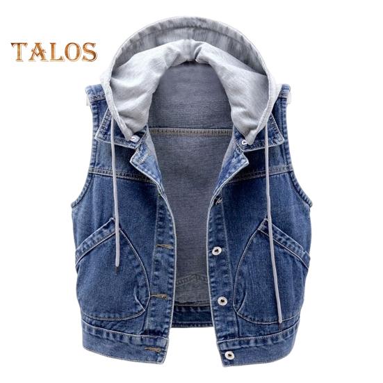 

Осень-весна Женское джинсовое пальто однобортное безрукавное с капюшоном и карманами Свободная куртка с завязками на шнурке Короткий жилет для повседневной носки M темно-синий