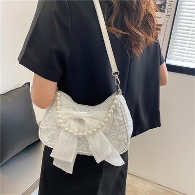 Pearl Bow Shoulder Bag Canvas Small Square Bag Retro Bow Underarm Bag  Daily