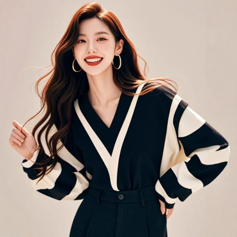 

Розетки Черно-белый колор-блок V-образный вырез Модный маленький топ Image color L