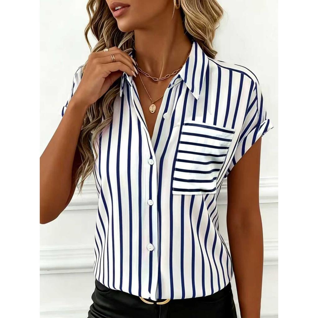 Summer Women's Drop Shoulder Button Striped Pocket Casual Shirt