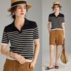 Wudao Women's Tencel Linen Striped Polo Knit T-Shirt