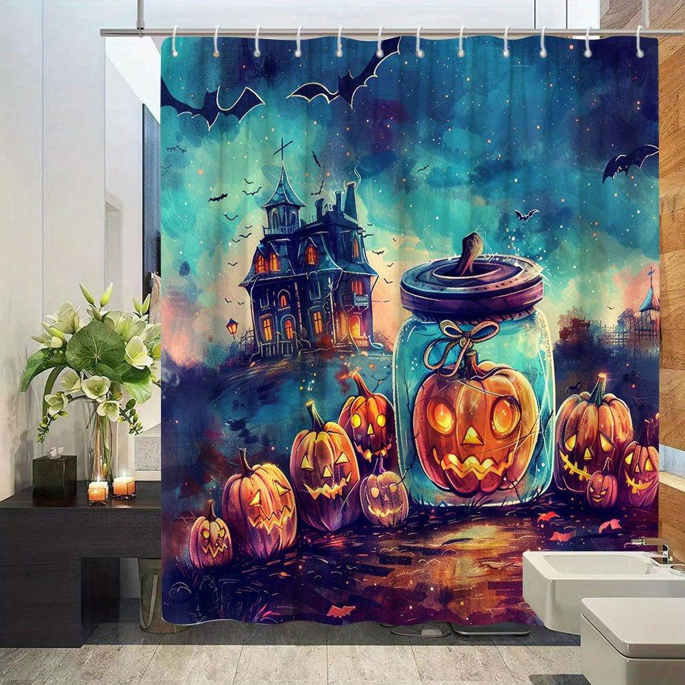 Halloween-Duschvorhang, Kürbislaterne & Geisterhaus, Nachtszene, Fantasy-Thema, Polyester, 12 Haken