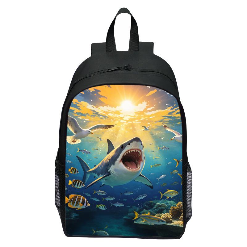 Shark Underwater World Eagle Print Backpack for Kids, Cartoon Double Shoulder School Bag, Lightweight Casual Daypack