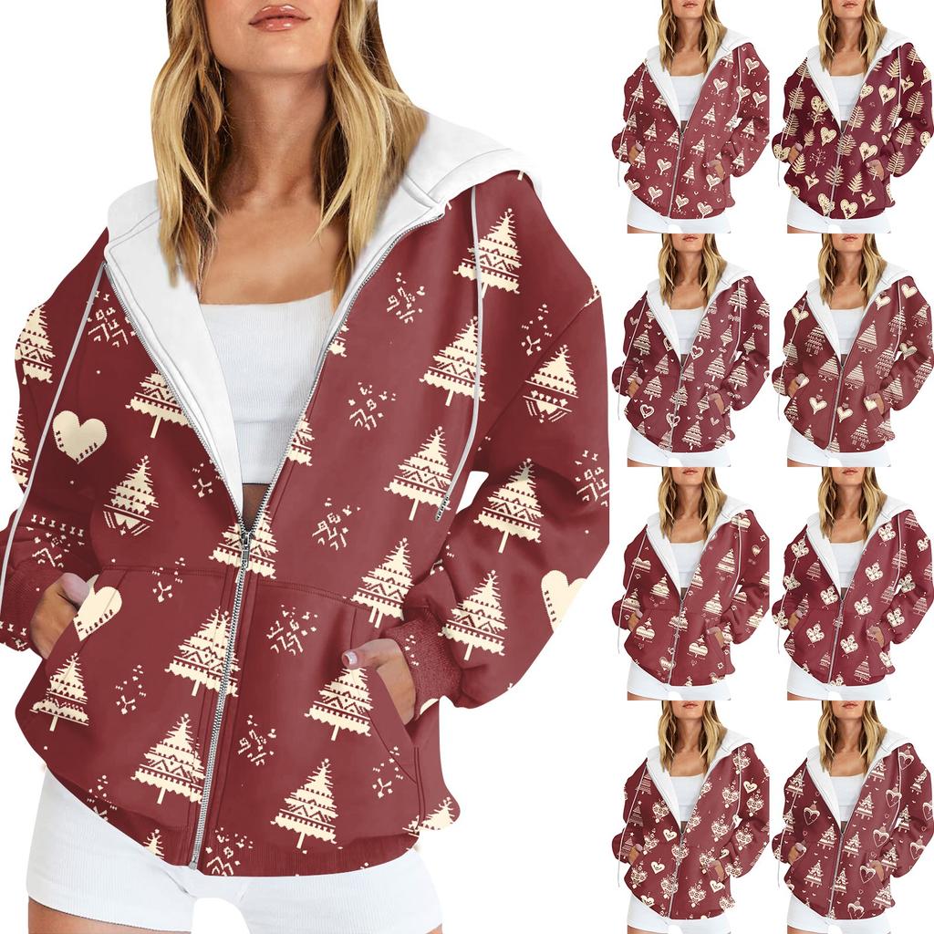 Women's Christmas Printed Sweatshirt Winter Long Sleeve Cardigan Jacket With Pockets Zipper Hoodie Outerwear