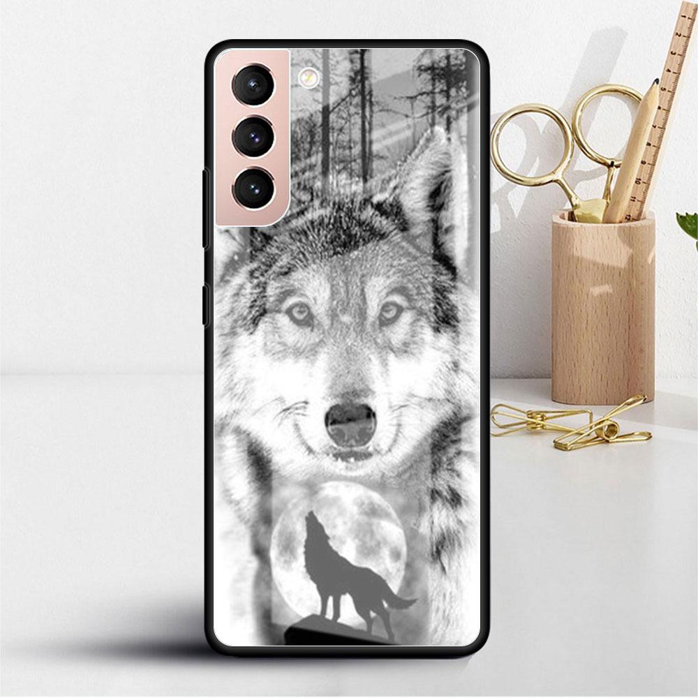 Glass Case For Samsung Galaxy S22 S20 FE S21 Plus Phone Cover S10 5G S9 Note 20 Ultra 10 Lite Shell Wolf Lion Animal