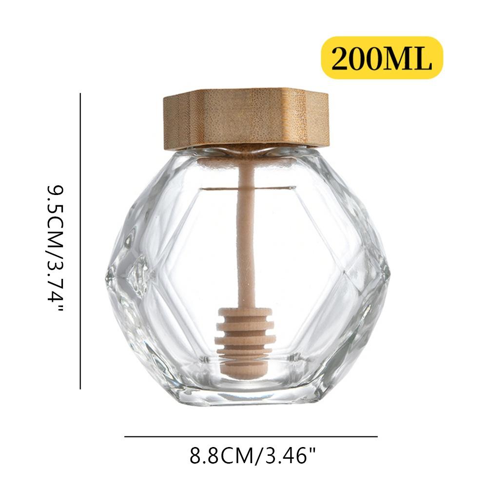 Hexagonal Glass Honey Bottle with Wooden Stirring Rod Honey Packaging Bottle Kitchen Honey Bottle Container Honey Jar