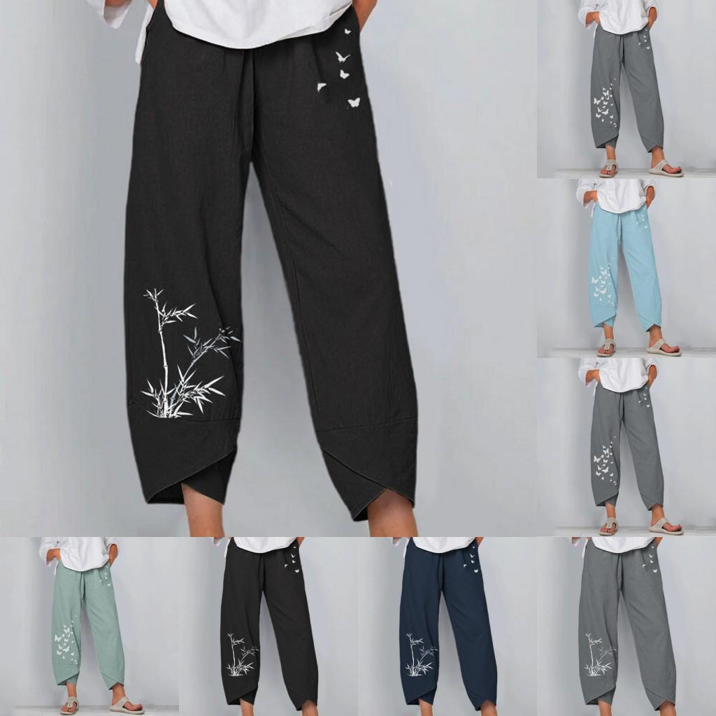 European & American Summer Casual Loose Cotton Linen Butterfly Print Wide-Leg Pants for Women 3199