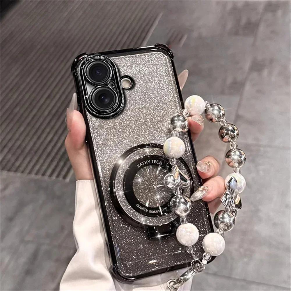 Shockproof Plating For Magsafe Bracket Bead Bracelet Case For Xiaomi Redmi Note 14 15 Pro Plus 15 15C 14C 14S 5G Glitter Cover