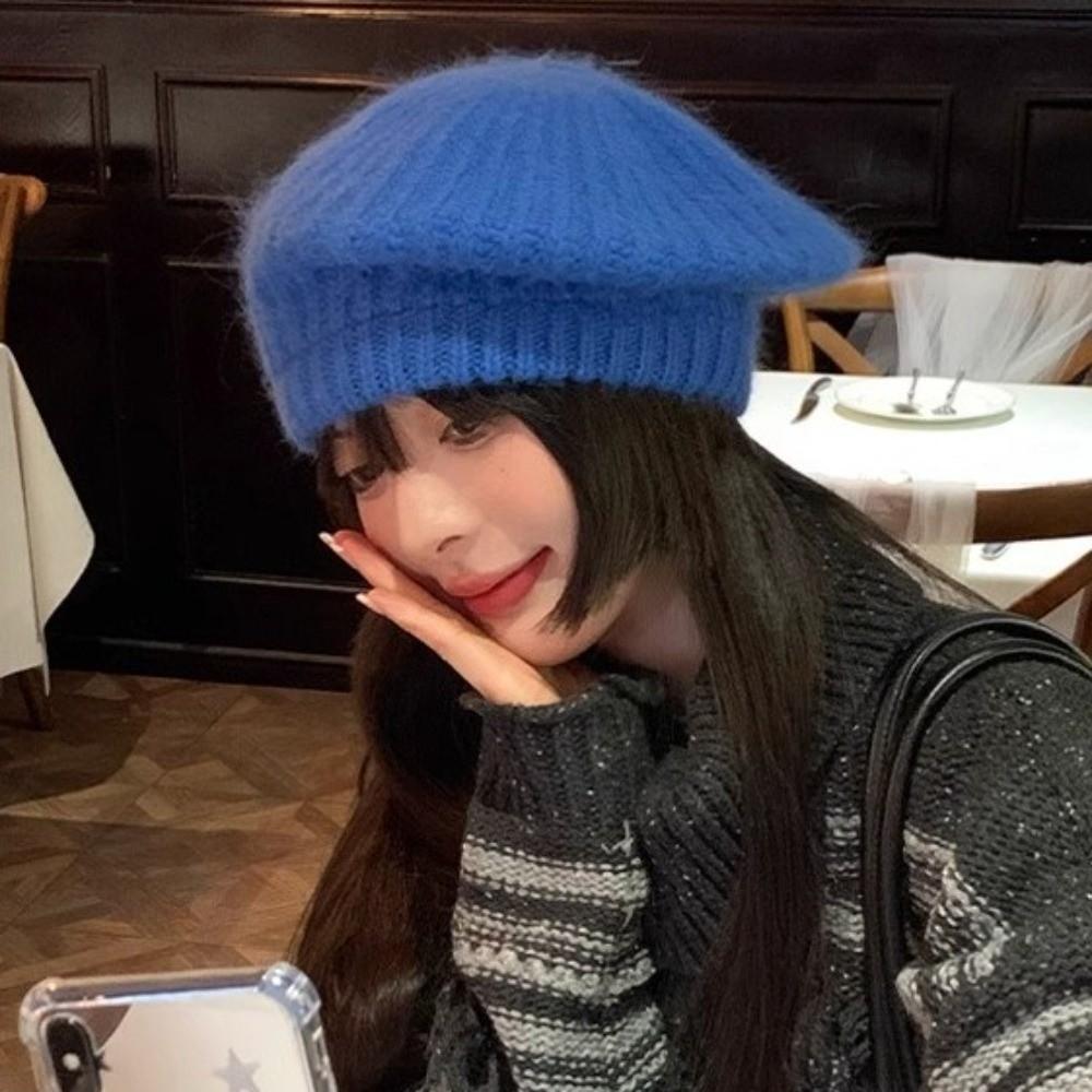 Solid Color Knitted Beanie Cap Wool Painter Hat Casual Mohair Beret Autumn Winter