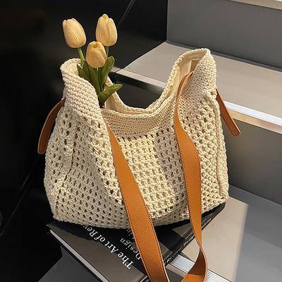 Small Fresh Pastoral Style Hollow Woven Bag Leisure Large Capacity Seaside Vacation Travel Fresh and Sweet Shoulder Bag Women
