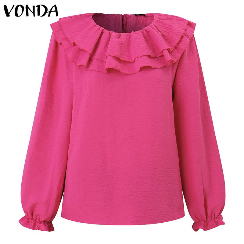 VONDA Women Casual Ruffled Round Neck Long Sleeve Solid Color Blouses