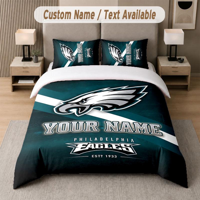 Custom Bedding Set Philadelphia Eagles Pattern, Print Name Text 1 Duvet Cover plus 2 Pillowcases Home Textile