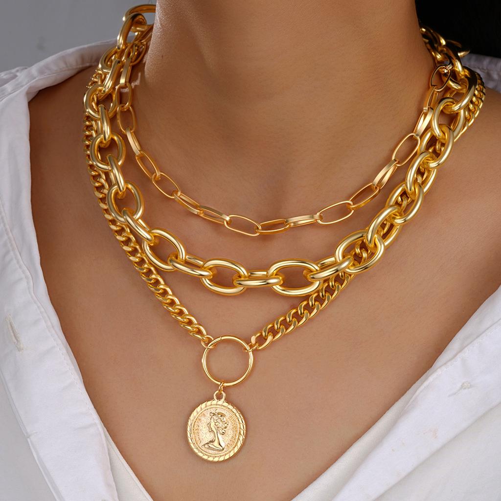 3pcs Vintage Multi-Layer Coin Pendant Necklace Set For Women Fashion Chic Thick Chain Necklaces Daily Wear Wedding Jewelry Gifts