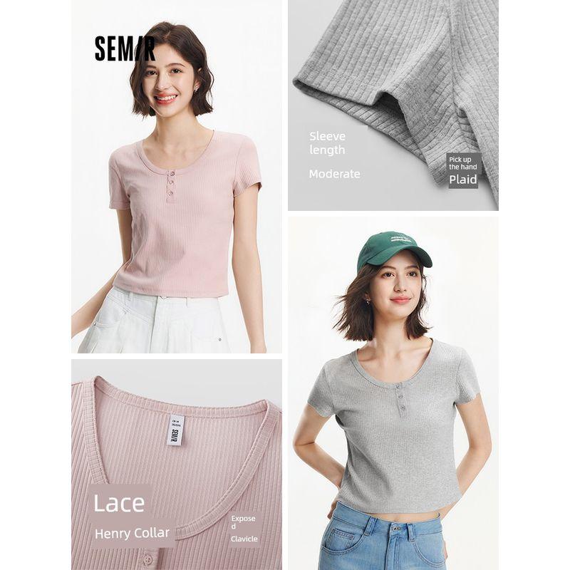 

Senma Short sleeve T-shirt Women Short Sexy Henry Collar Temperament 2025 Summer New Solid Slim fit Top All-Matching Deep Coffee 50929 150/76A/XS