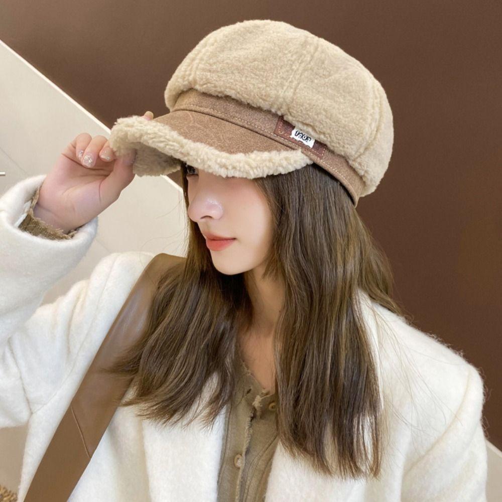 White Black Coffee Beige Duck Tongue Hat Imitation Lamb Hair Fedora Wool Caps Warm Hats  Women