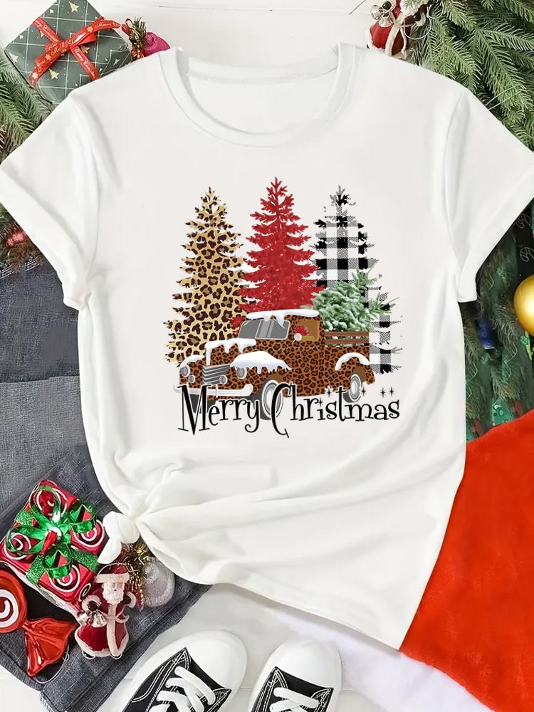 (Asian Size) Print merry Christmas o-neck Women's Top new year T Clothing tree sweet 90s  Short Sleeve T-shirts Fashion holiday Graphic Tee