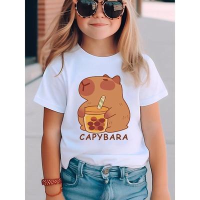European Sizes Fashion Girls' Short Sleeve T-Shirt with Capybara Holding Milk Tea Cartoon Print Casual Top