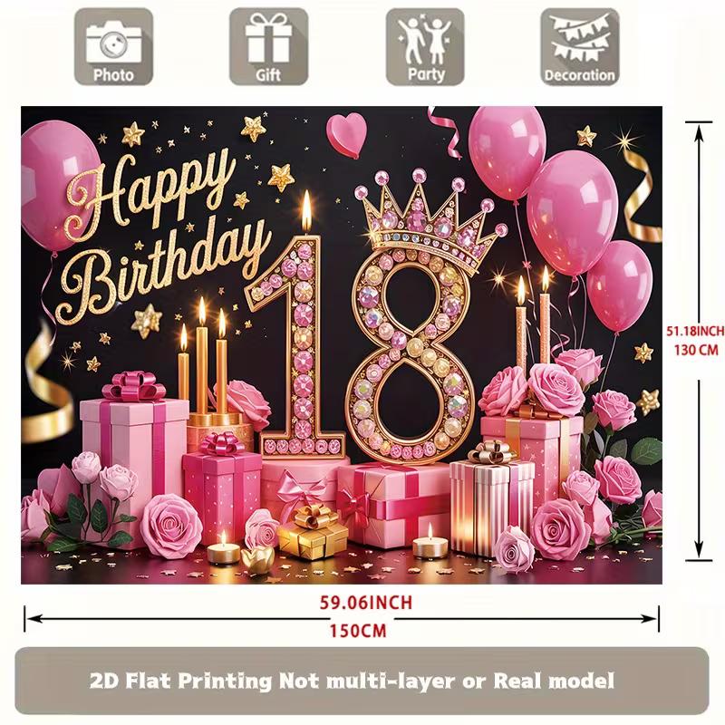 2D Elegant Black Pink 18th Happy Birthday Photography Backdrop with Gift Boxes