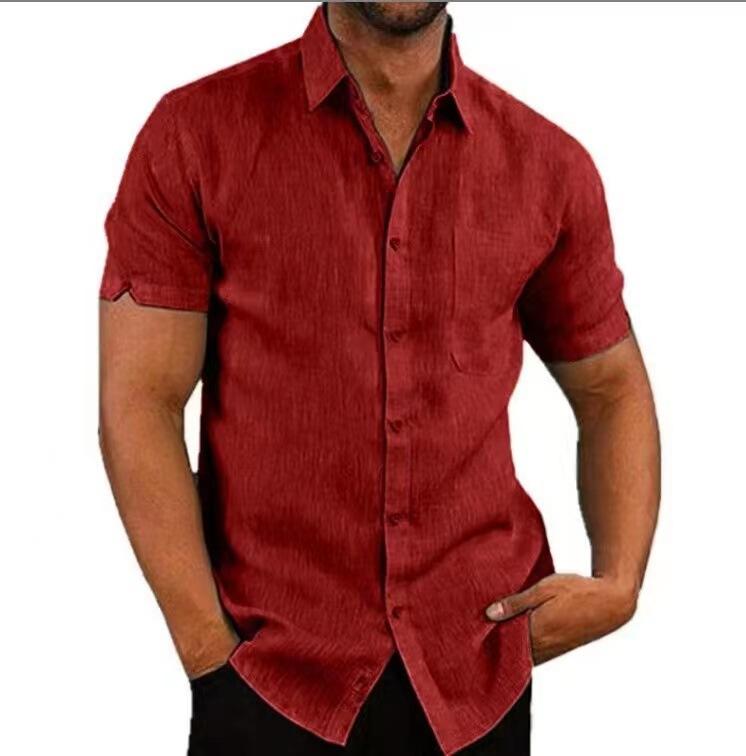 Summer lapel button-down men's solid color short-sleeved linen shirt