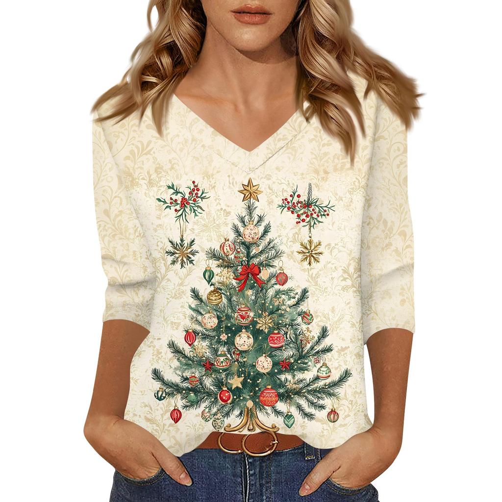 Women's T Shirt CHristmas Print 3/4 Sleeve Daily Weekend Fashion Basic V- Neck Regular Top