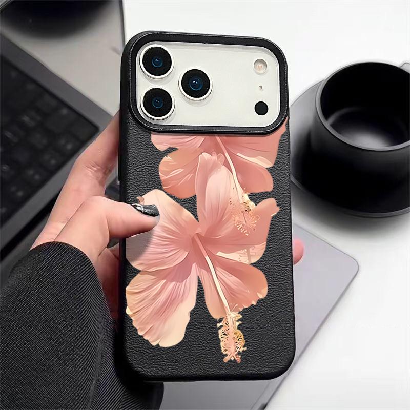 Pouzdro Pro iPhone 17 Pro Max Růžový vzor ibišku Kožená textura Silikonový kryt Pro iPhone 16 Pro Max 15 14 13 12 11 Air 16E