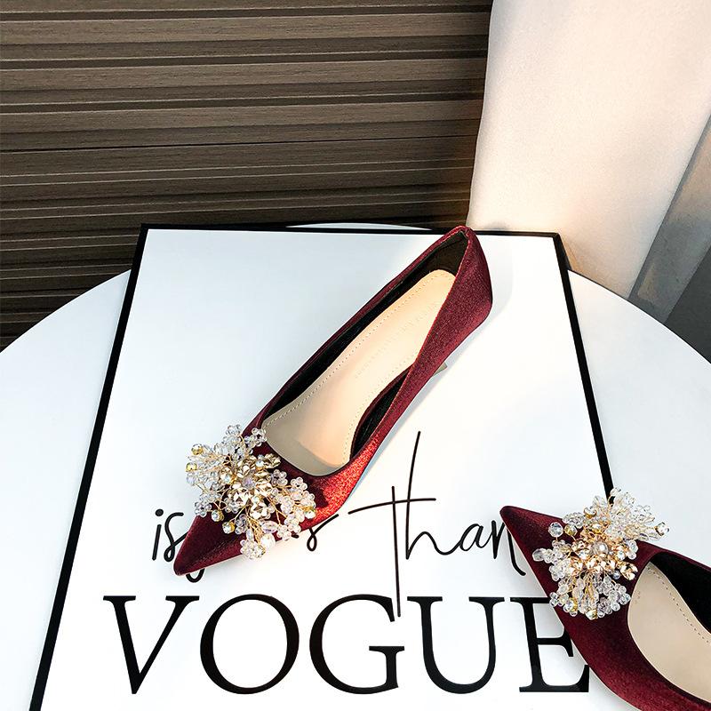 -A Red Wedding Shoes Bridal Shoes Hexiu Wedding Dress Two Wear New Autumn and Summer Crystal Satin