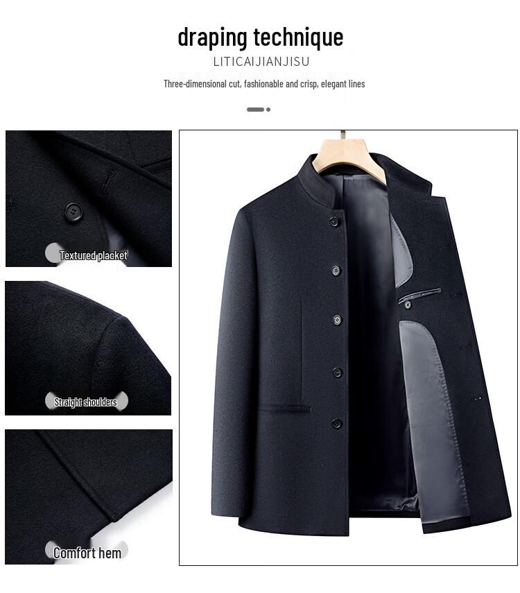 Hengyuanxiang Men's 100% Pure Wool Stand Collar Overcoat
