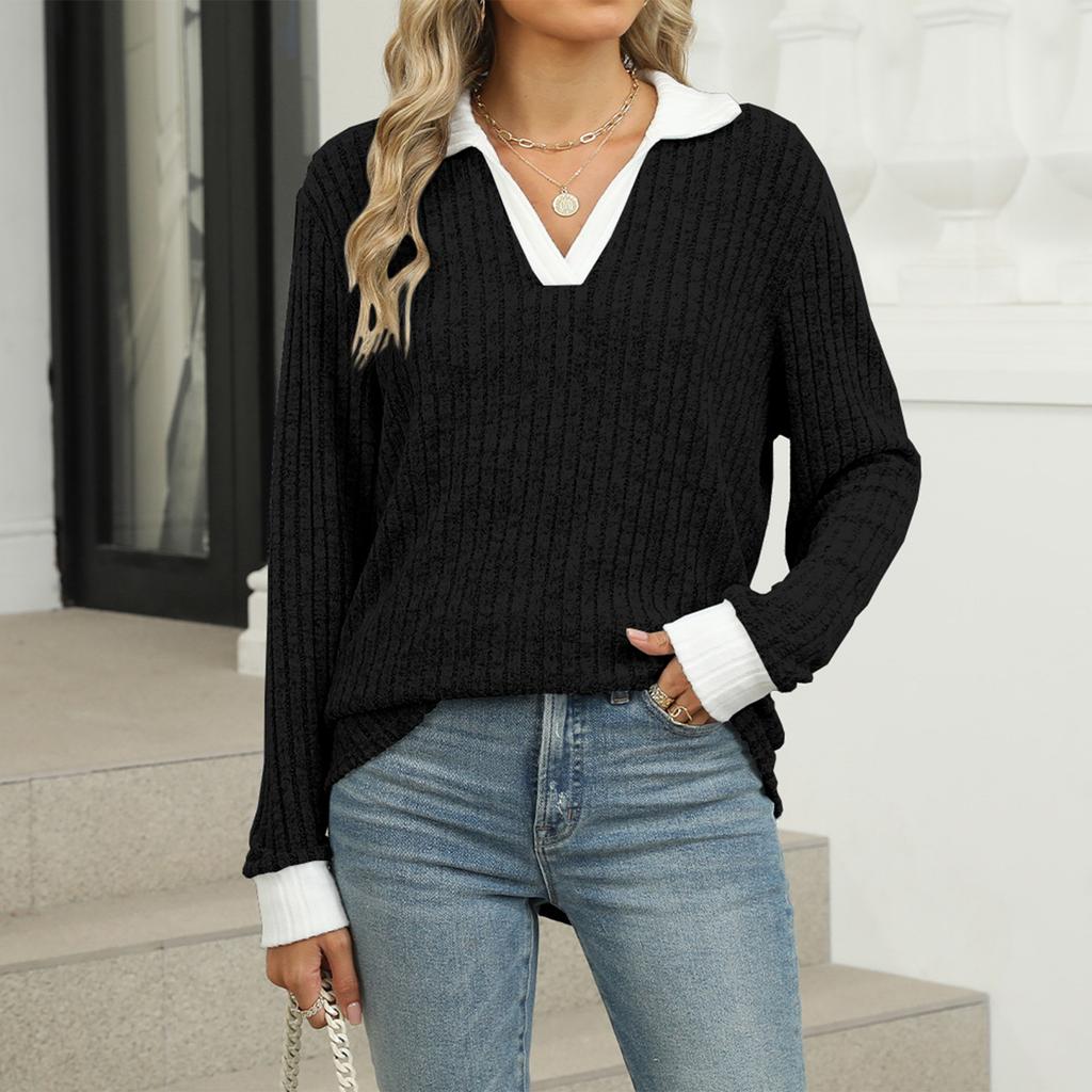 Women's Fashionable Lapel Long Sleeved Color Blocked Loose Casual Pullover Top