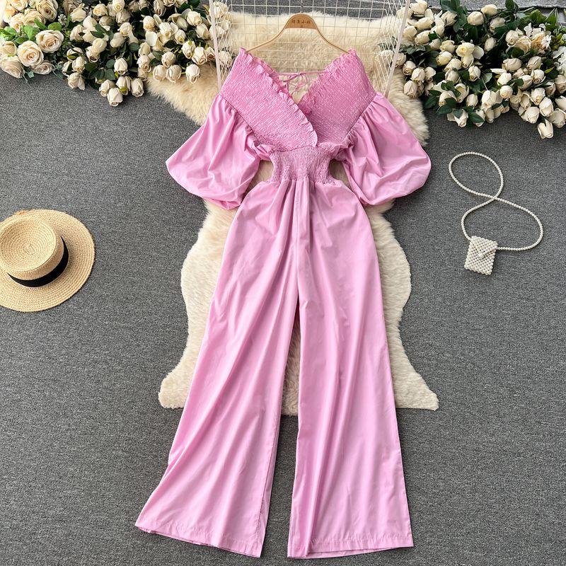 

Ruffle V-neck Pleated Waist Tight Slim Fit Bodysuit Pink All yards