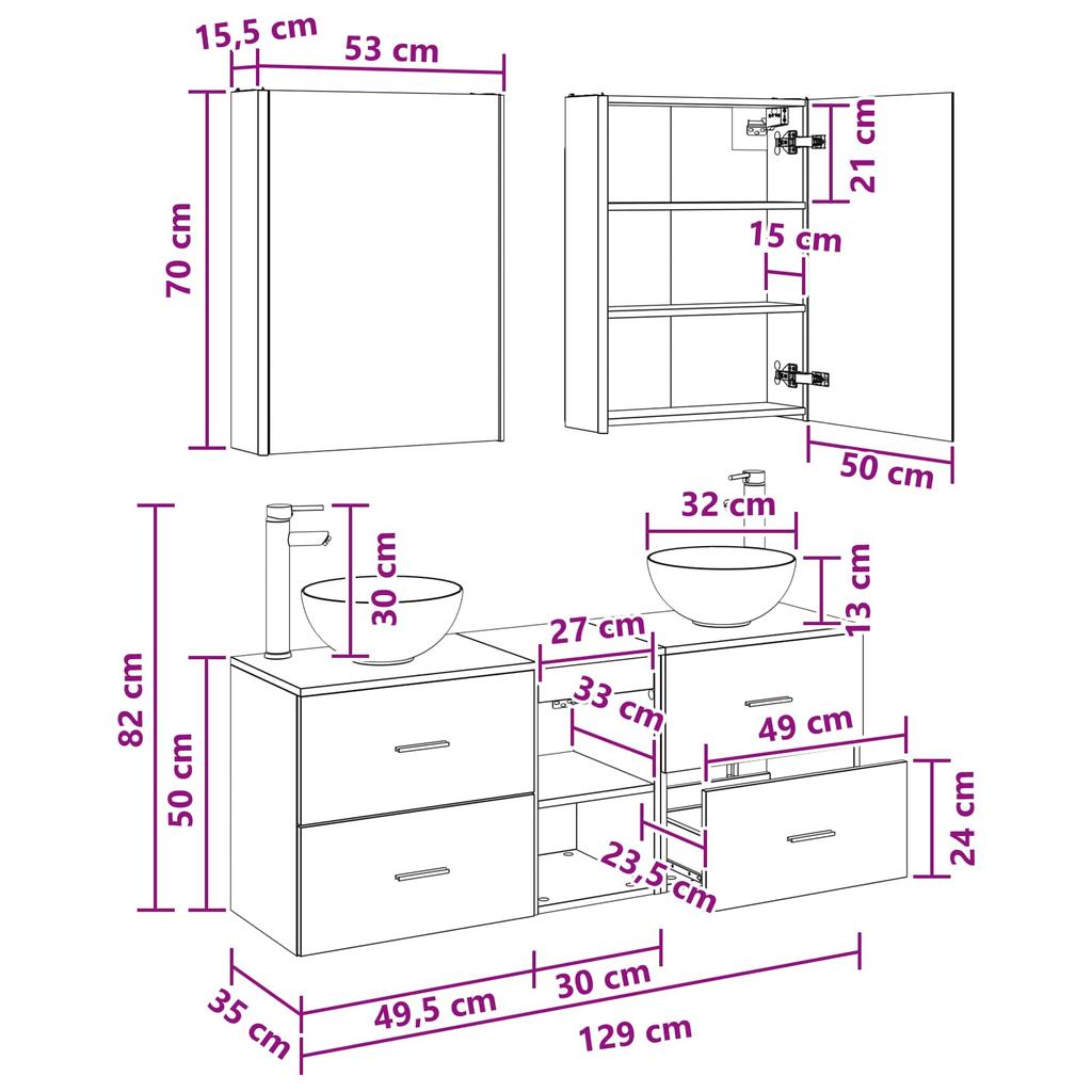 Bathroom Cabinet Set 5 Pcs Black Oak 53 X 15.5 X 70 Cm
