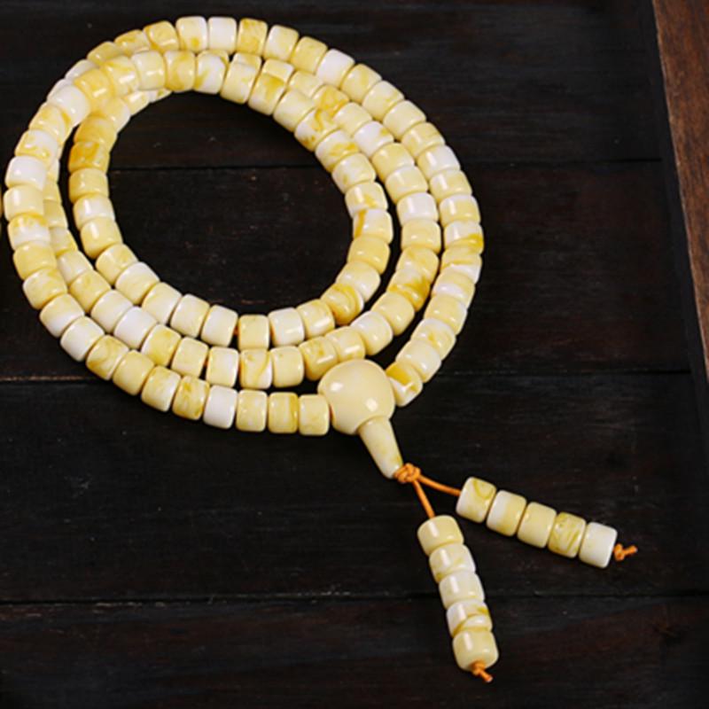 White Beeswax Prayer Beads with 108 Beads: Buddhist Bracelet & Necklace In Honey Amber.
