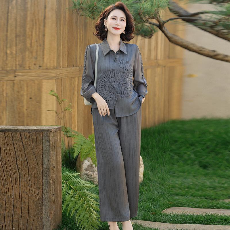 Elegant Spring Two-Piece Set for Women: Frog Button Long Sleeve Top & Pants, Chinese Style for Middle-Aged and Elderly Women