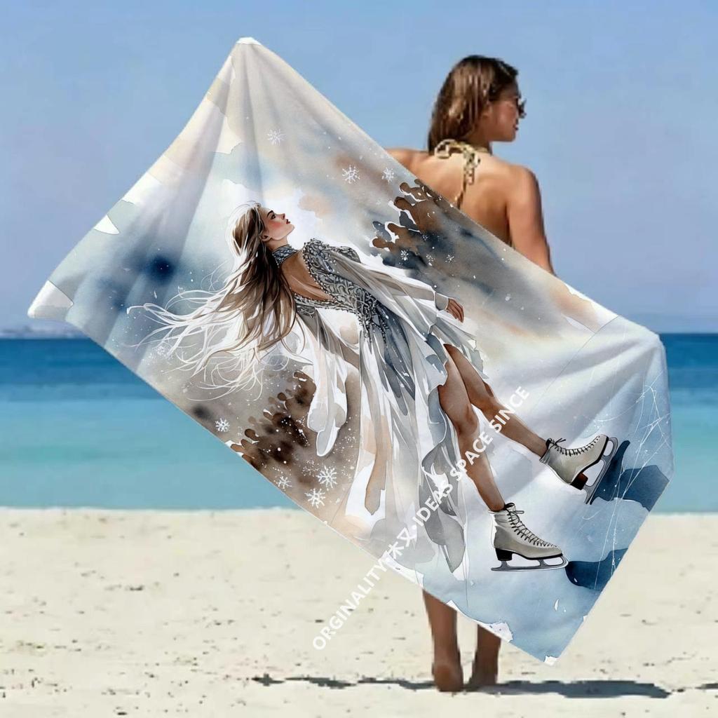 Figure Skating Girl Winter Beach Towel Patterned Sunscreen And Windproof Suitable For Swimming Pool Camping Travel